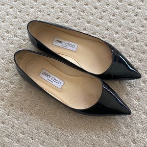 Jimmy Choo, black patent pointed toe ballet flats, size 35 1/2